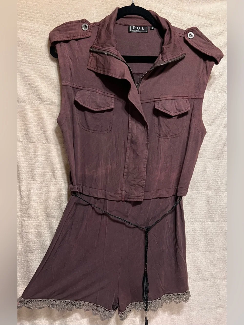 POL Dusty Mauve Utility Romper Leather Tassel Belt Lace Trim Zip Front Boho S - Picture 6 of 8